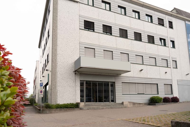 modern building, white exterior, glass doors, multiple windows, parking sign, plants