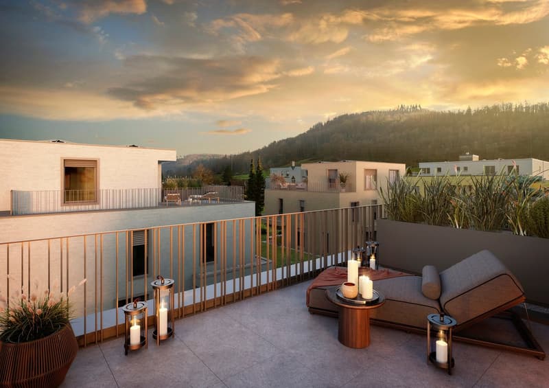 Modern house with a balcony, terrace, and a view of the mountains