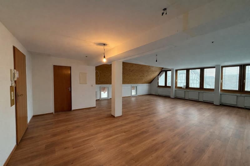 empty room, wooden floor, white walls, two doors, windows with blinds, ceiling lights