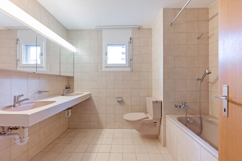 Bathroom with two sinks, mirror, bathtub, toilet, and shower