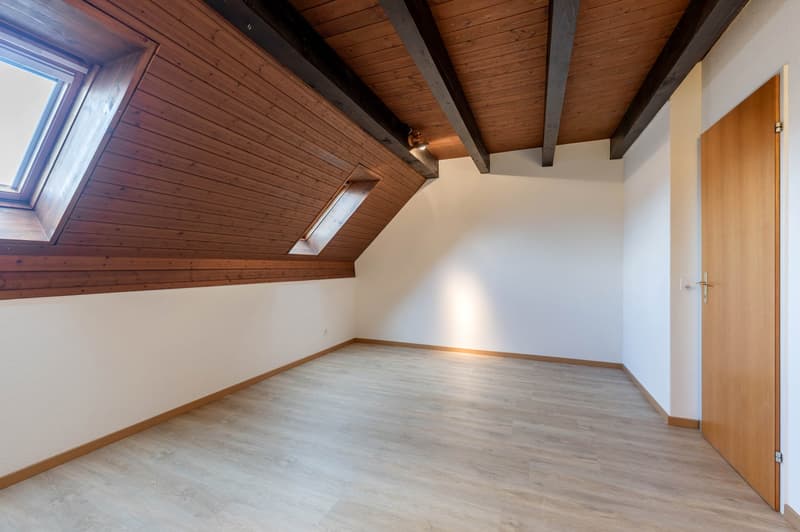 empty room, wooden ceiling, wooden floor, two windows, wooden door