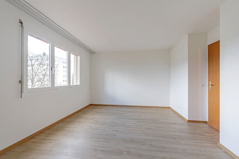 empty room, white walls, wooden floor, three windows, wooden door