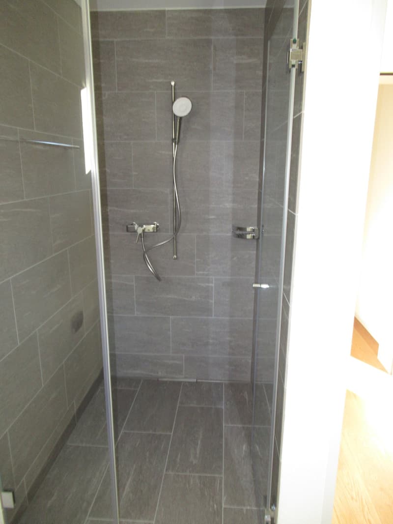 shower room with glass door, tiled floor, shower head, shower hose, wall-mounted soap dispenser