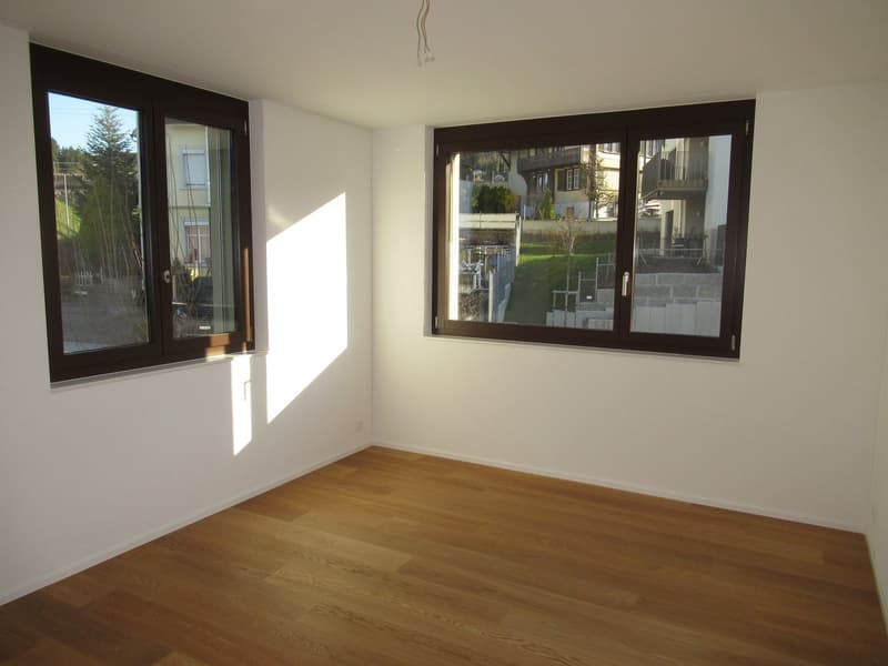 empty room, wooden floor, white walls, two large windows, view of outside