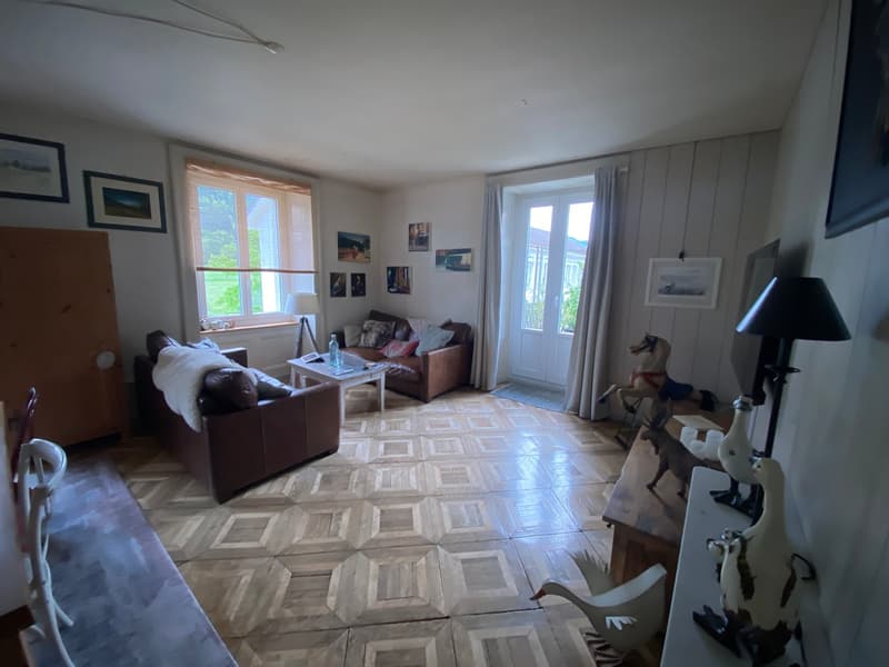 two brown couches, coffee table, wooden floor, white walls, windows, picture frames, lamp, horse toys