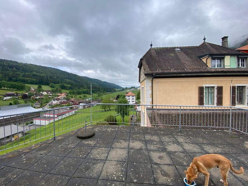 House with brown roof, beige walls, green windows, balcony with metal railings, dog eating, view of mountains and village