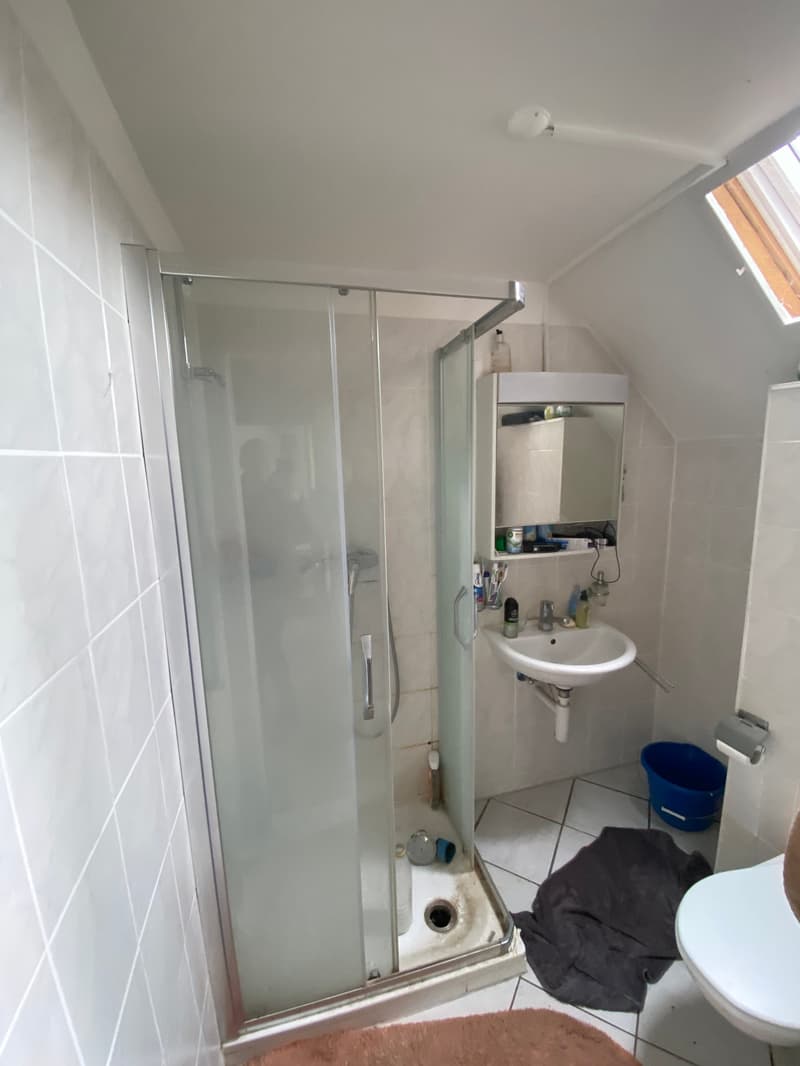 Bathroom with shower, sink, toilet, and a small cabinet with mirror