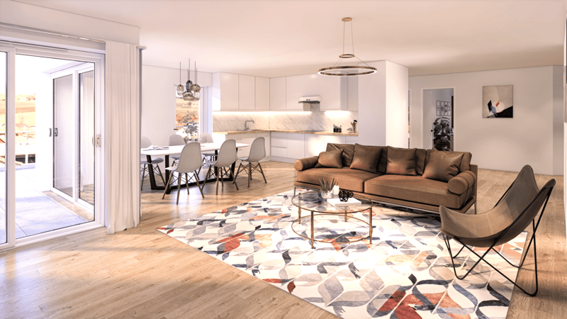 Open plan living and dining area, brown couch, glass coffee table, rug, dining table and chairs, kitchen with white cabinets, large window with sliding glass door to terrace, chandelier, artwork on wall
