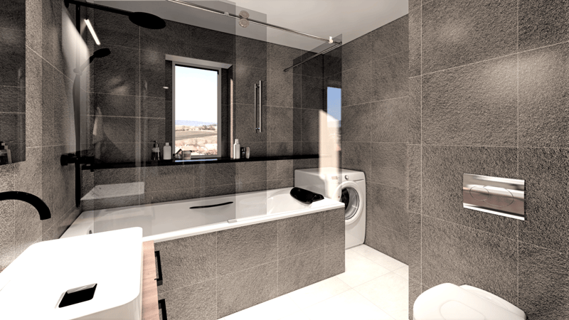 tiled walls and floor, shower area with large glass wall, bathtub with showerhead, modern washbasin, window, washing machine, and toilet.