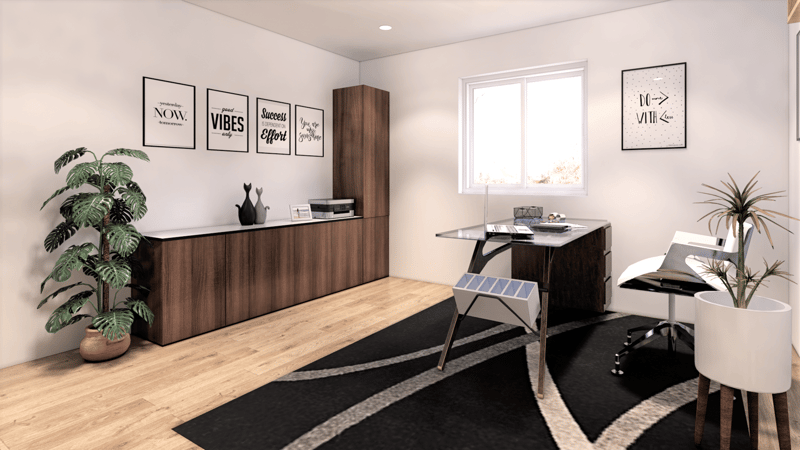 Large window, desk with chair, wooden cabinets, potted plants, wall art, black and white carpet