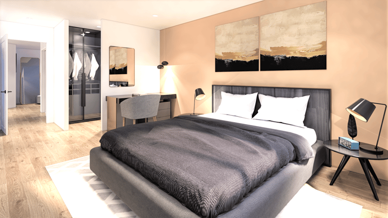 The bedroom features a bed with pillows, bedside tables with lamps, a wardrobe with glass doors, and paintings on the wall. There is a mirror, a chair, and a desk by the wall.