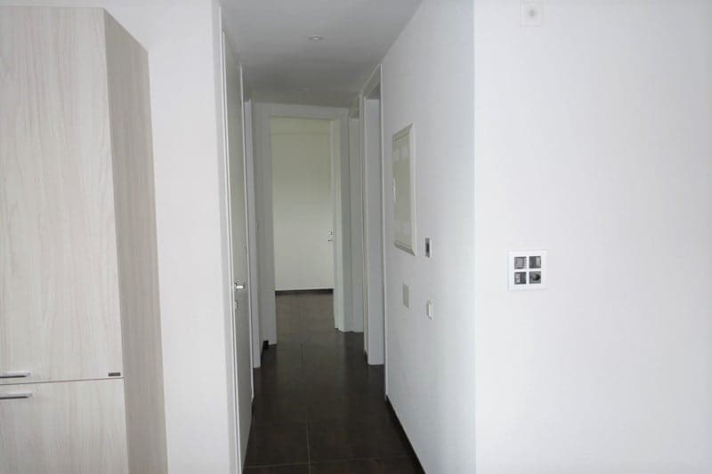 long corridor with dark wooden floor, white walls, cabinets, light fixtures