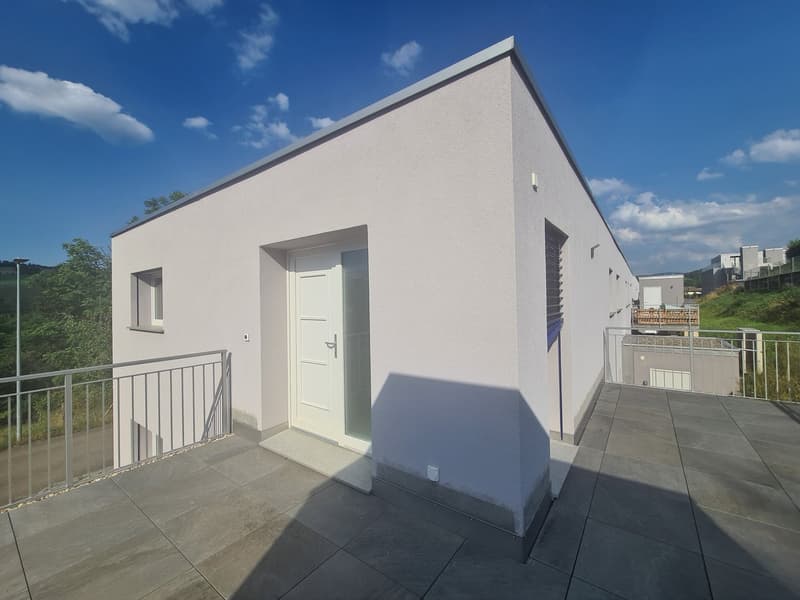 modern design, white walls, grey tiled terrace, white entrance door, small window