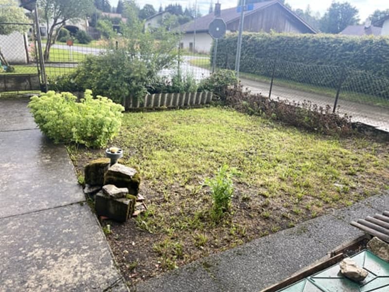 The image shows a small outdoor garden area with a grassy lawn, some plants and shrubs, and a wooden bench. The garden is surrounded by a fence and there appears to be a building or structure in the background.