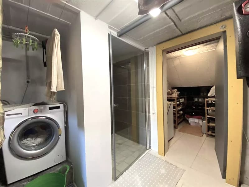 Small room with a washing machine, a drying rack, and a glass shower door. There is a mat and a green bucket placed on the floor.
