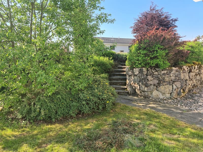 Two-story house with a stone wall, surrounded by lush greenery including trees, shrubs, and a grassy lawn. A stone staircase leads up to the house.