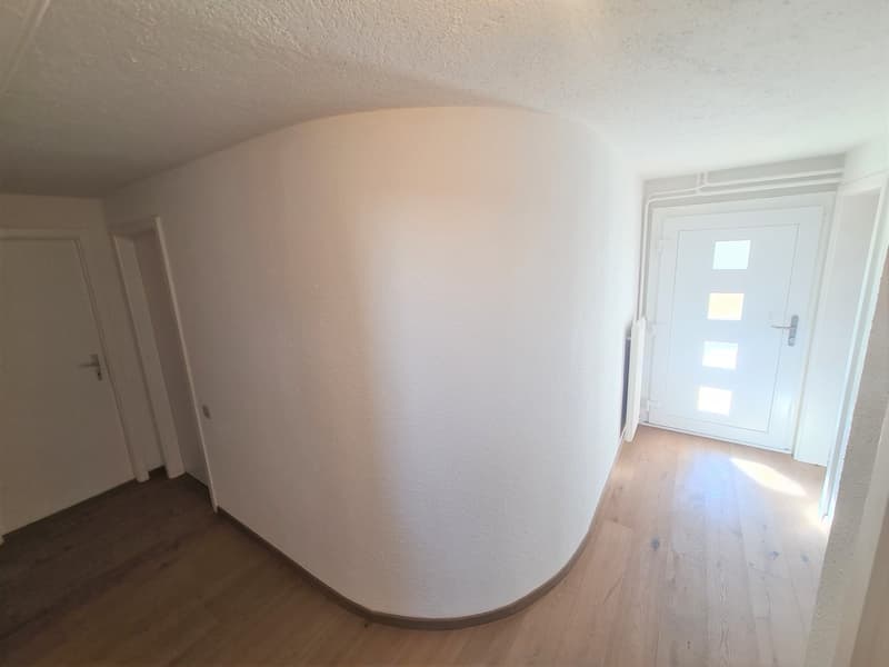 The image shows a spacious room with white walls and a curved wall. The room has a wooden floor and a white door with a window. The room appears to be empty and has a clean, minimalist design.