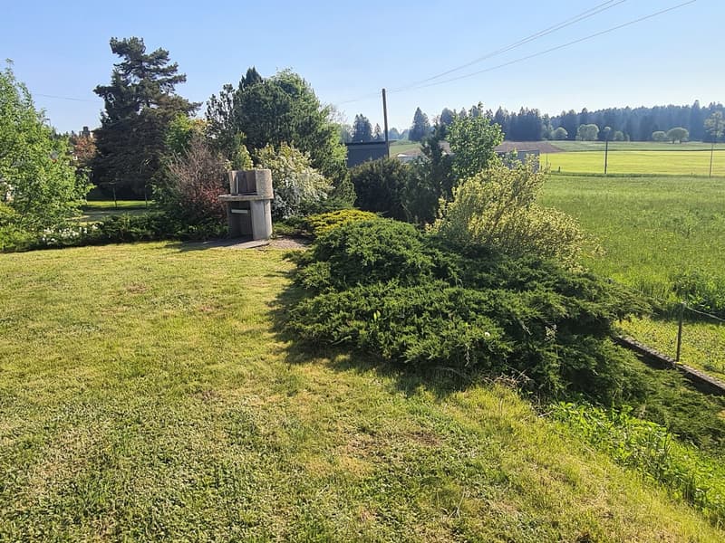 The image shows a scenic outdoor landscape with a well-maintained lawn, lush greenery, and a variety of trees and shrubs. There is a small structure or monument visible in the foreground, surrounded by the landscaping. The background features a wide open