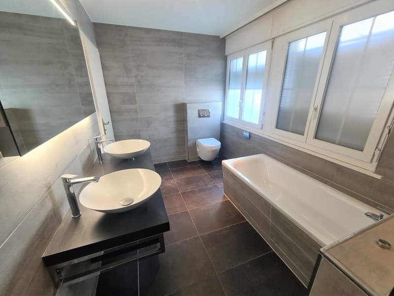 Large bathroom with grey tile walls, double vanity sinks, toilet, and bathtub. The room has large windows providing natural light.