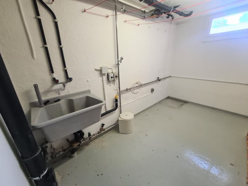 The image shows a utility room with a large sink, plumbing fixtures, and a toilet. The room appears to be unfinished, with exposed pipes and wiring on the ceiling. The floor is concrete and there is a window visible.