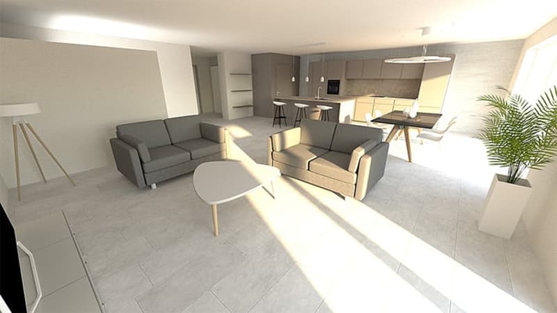 Open-concept living room and kitchen with grey sofa, armchairs, coffee table, and dining table. Modern kitchen with grey cabinets and appliances including a dishwasher. Large windows and sliding glass doors leading to a balcony or terrace.