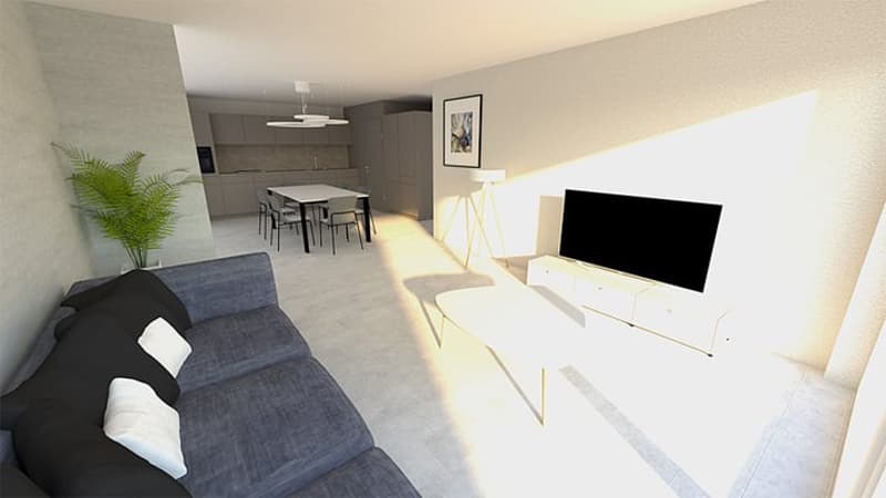 Open-concept living room and kitchen, grey sofa, white TV stand, dining table and chairs, large windows, hardwood floors