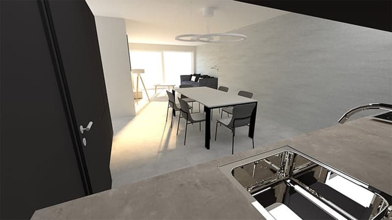 The image shows a modern dining room with a large rectangular dining table and several chairs around it. The room has a minimalist and clean design with white walls and a concrete floor. There is a circular light fixture hanging above the dining table, pr