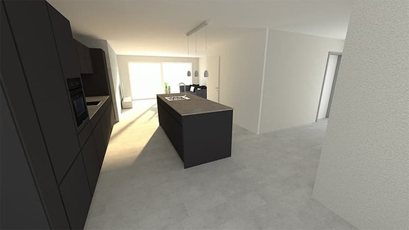 Modern kitchen with black cabinets, a large island countertop, and a dishwasher visible.