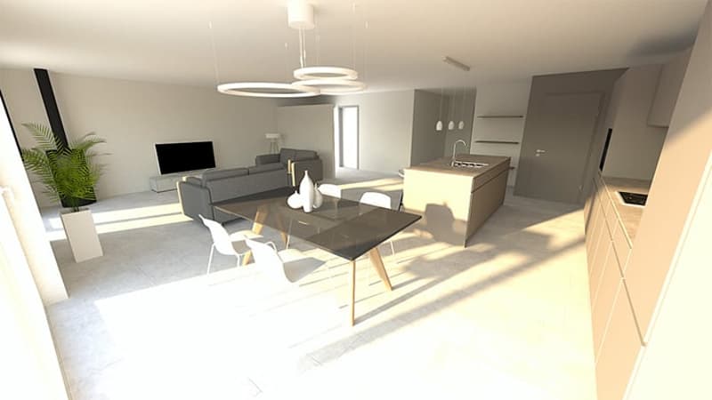Open concept living room and kitchen, modern design with gray and white color scheme, large windows, dining table, sofa, TV, kitchen with island and appliances