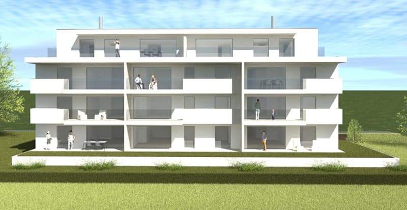 4-story apartment building with multiple balconies, modern architectural design, white exterior with large windows