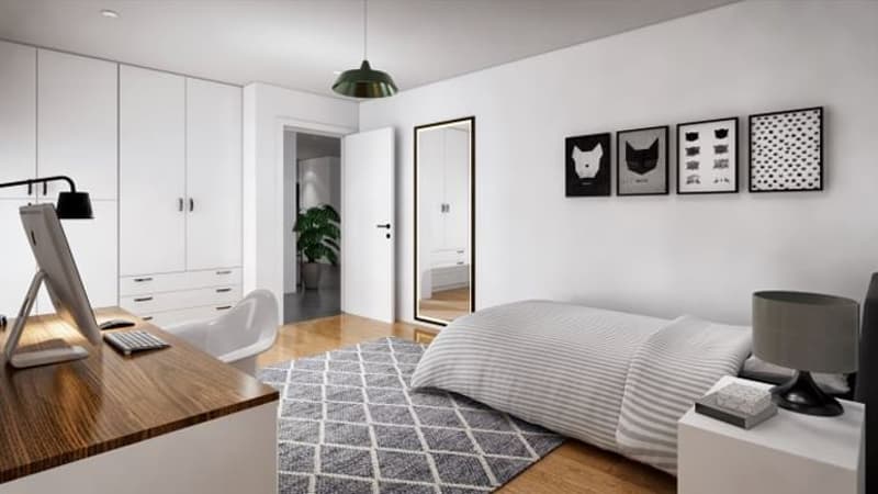 white walls, large bed, wooden desk, monitor, keyboard, chair, lamps, rug, framed pictures, plant, mirrored closet