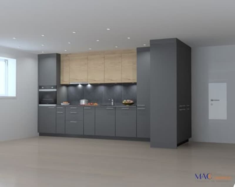 Gray cabinets, wooden countertops, modern kitchen layout, stainless steel appliances, integrated sink, tiled floor, open to living area