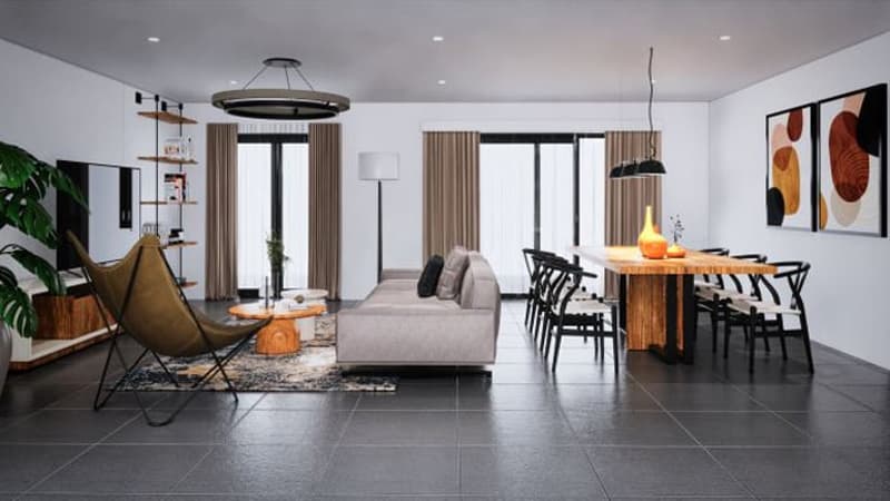 modern living room, light walls, gray sofa, dining table, wooden floor, two lamps, potted plants, rug, tv, shelves
