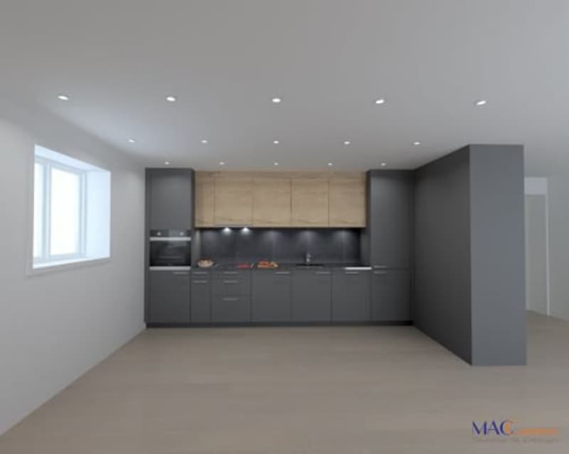 Gray cabinets, black countertops, stainless steel appliances, recessed lighting, neutral color scheme, a window