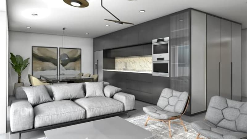 Open plan layout, gray couch, white ceiling, dining table, ceiling fan, kitchen, modern decor, two framed pictures, potted plant
