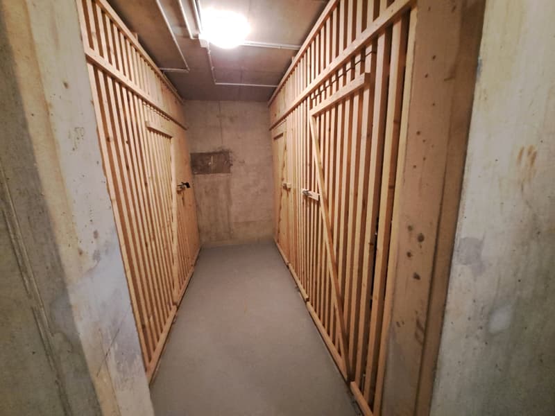 The image shows a long, narrow hallway with wooden slat walls on both sides. The hallway appears to be in a basement or storage area, with a concrete floor and minimal lighting. There are several doors or storage units lining the walls along the hallway.