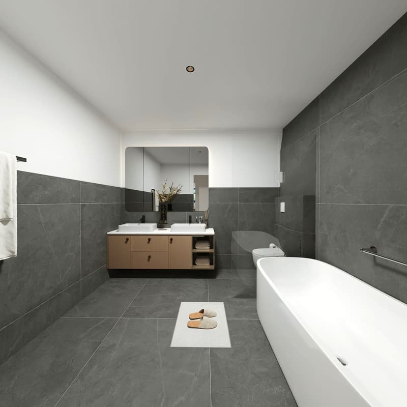 modern, spacious, bathroom, gray tiles, white bathtub, double sink, large mirror, wooden cabinet