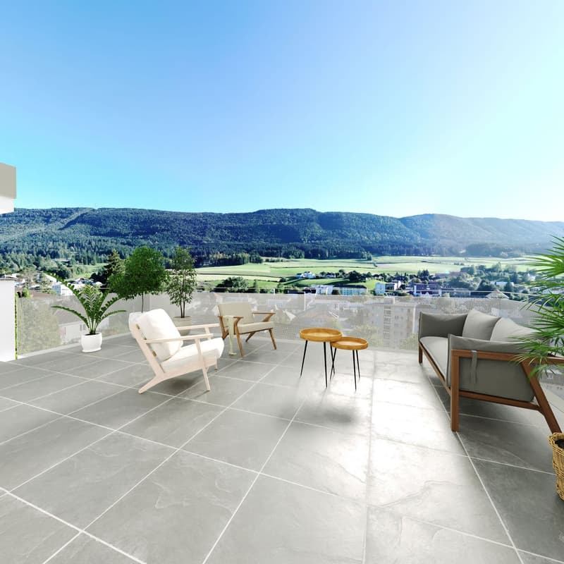 Gray tiled floor, balcony, white chairs, two tables, couch, fence, green landscape view