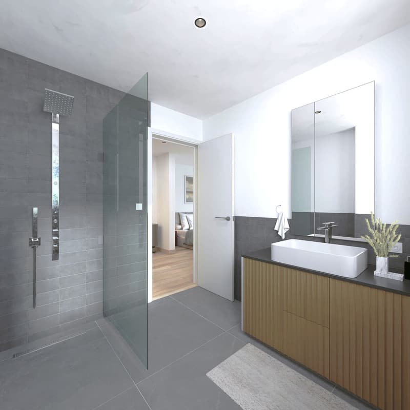 large glass shower, modern vanity, white floor tiles, wooden cabinetry, glass wall