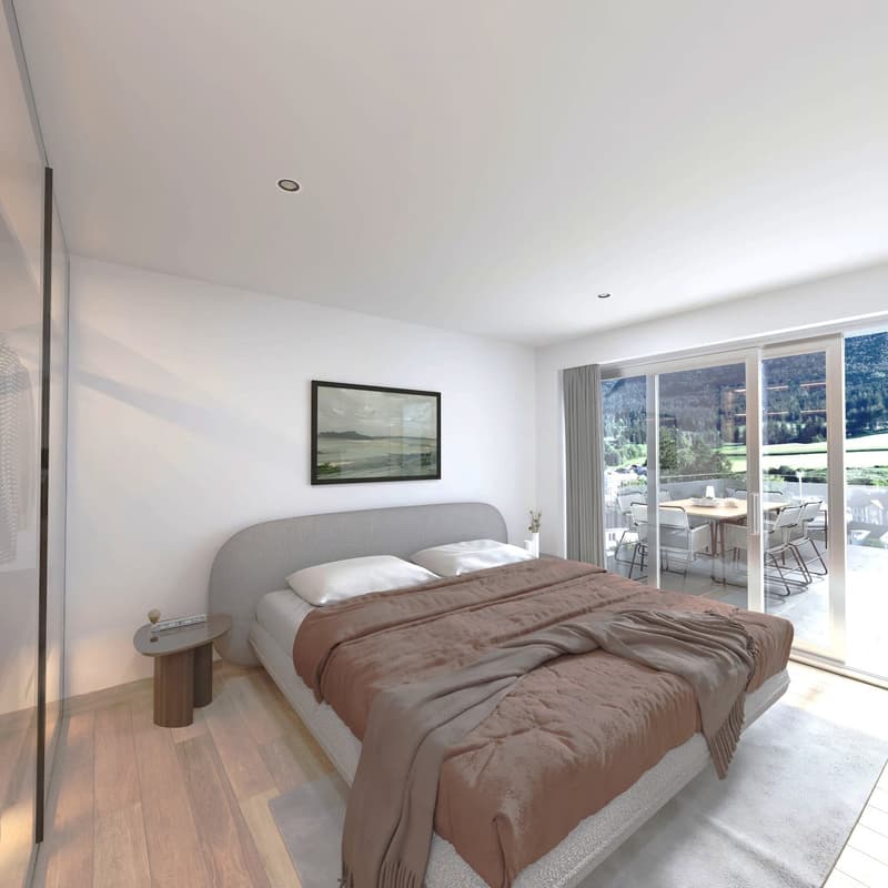 Master bedroom: gray headboard, white walls, bed, nightstand, rug, picture frame, large glass windows leading to a balcony with a view of the mountains.