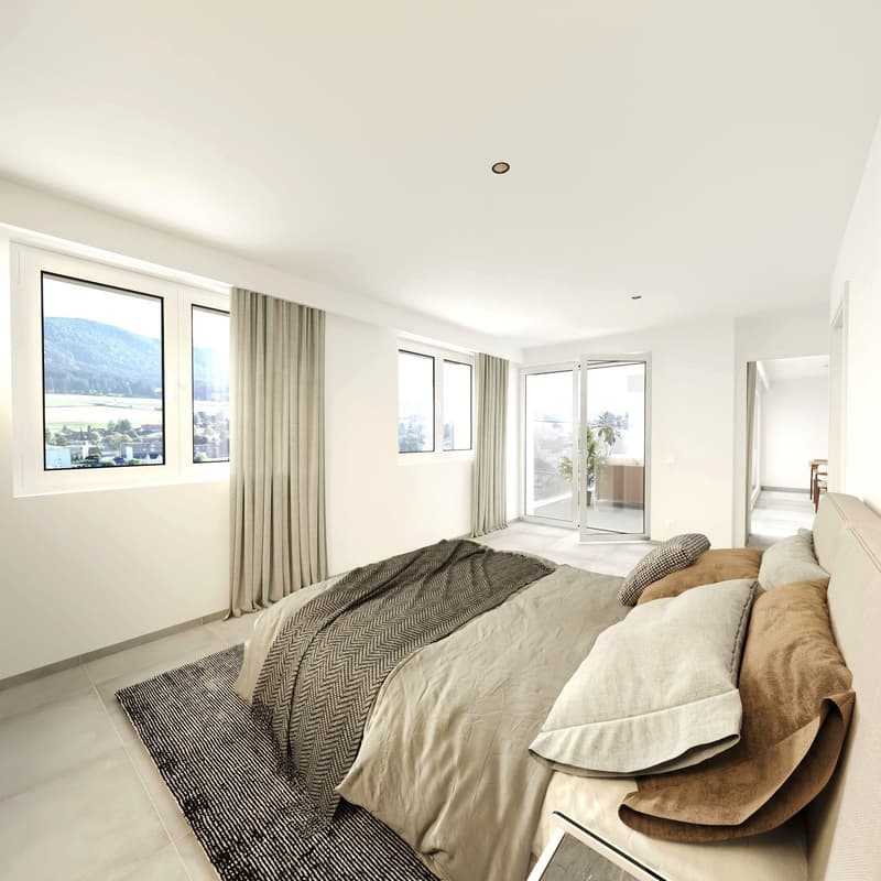 modern bedroom with white walls, beige rug, bed, large windows, balcony