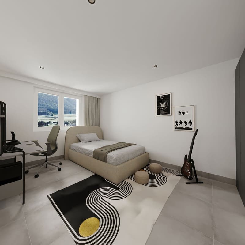 A single bed, a desk, an office chair, a large window with view of the mountains, an abstract rug, an electric guitar, two posters on the wall