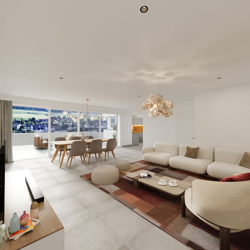 Open living room, large windows, dining table, sofa, coffee table, rug, fireplace, balconies