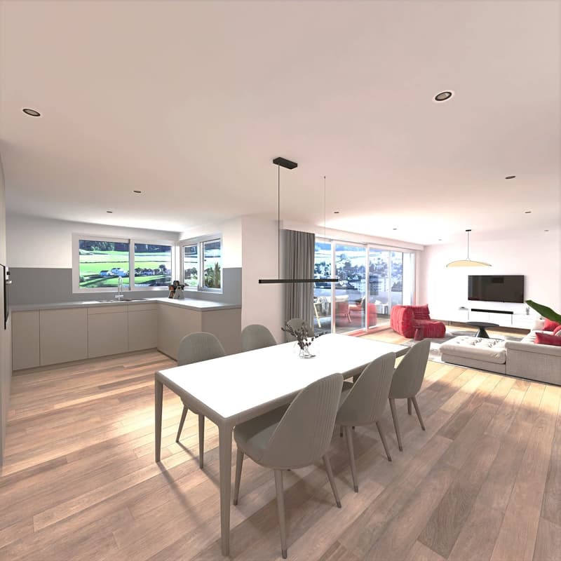 Kitchen with cabinets, sink, and gas stove; dining area with table and chairs; living room with couch, coffee table, and television; balcony with windows.