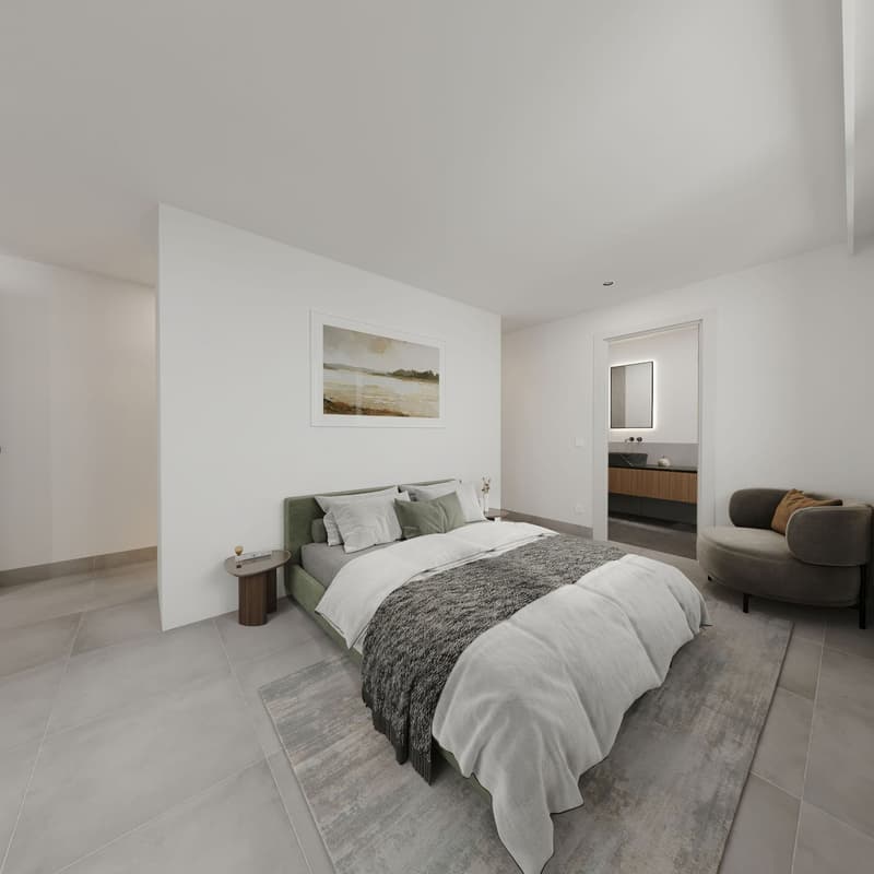 Minimalist design, modern furniture, large bed with pillows, side tables, rug, gray armchair, white walls, picture frame, bathroom entrance