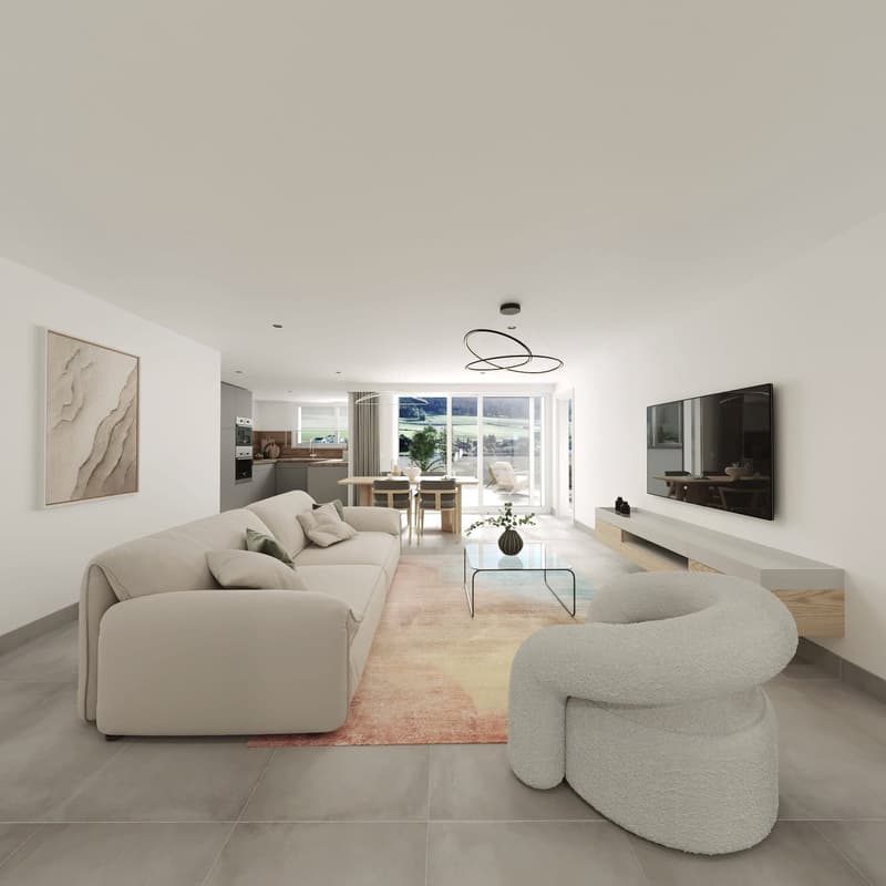 Open concept living room, dining area, modern design with neutral colors, large window, mounted flatscreen TV, table with chairs, couch, decorative items