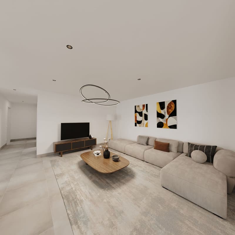 living room with large sectional sofa, wooden coffee table, television, decorative artworks, rug, ceiling lamp