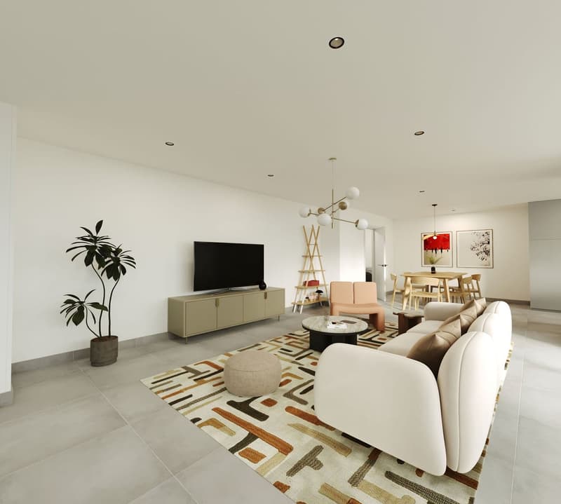 Modern contemporary living room, white walls, white leather couch, flat screen TV, beige entertainment center, decorative rug, potted plant, dining table set, chandelier
