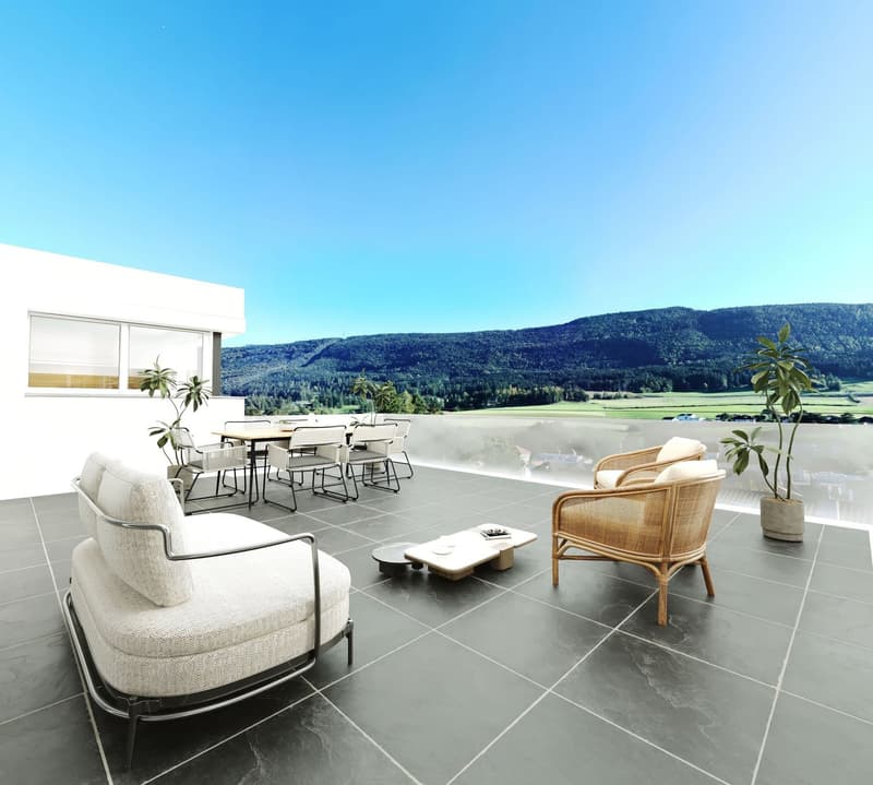 balcony with seating area and dining table, potted plants, wooden furniture, panoramic view of the valley