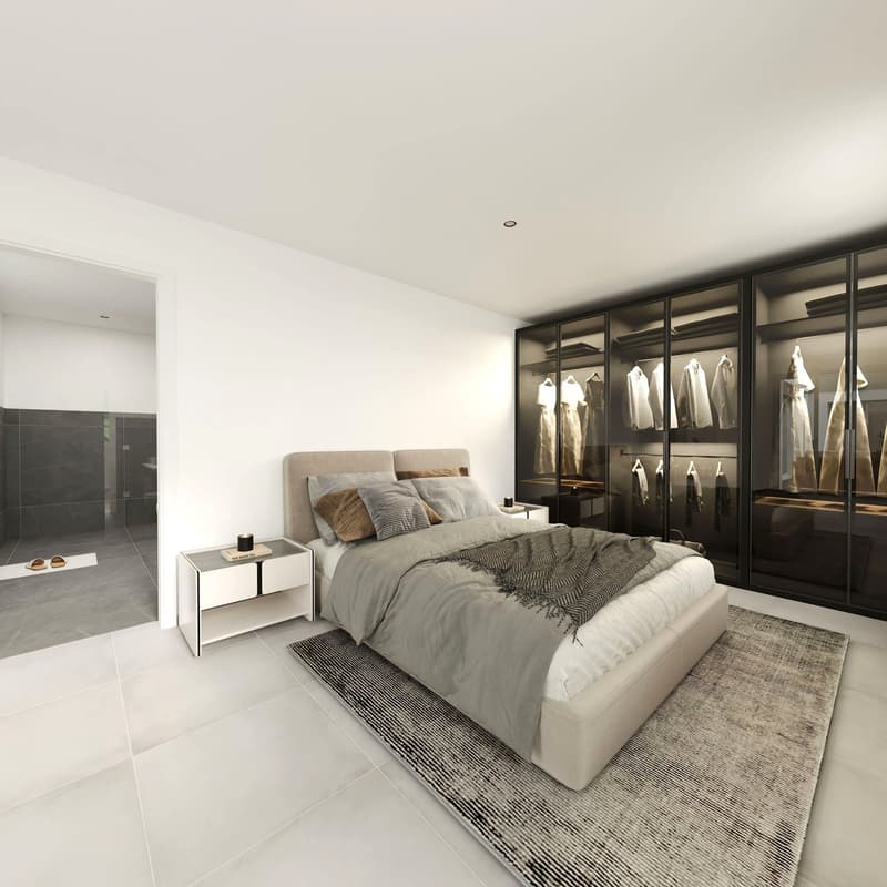 modern room, glass wardrobe, bed, white tile flooring, nightstands, rug, open entrance
